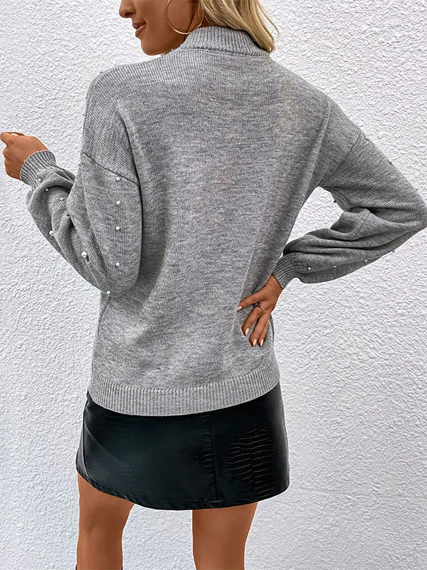 Women Pullover Sweater Gray Studded High Collar Long Sleeves Acrylic Sweaters - Image 6