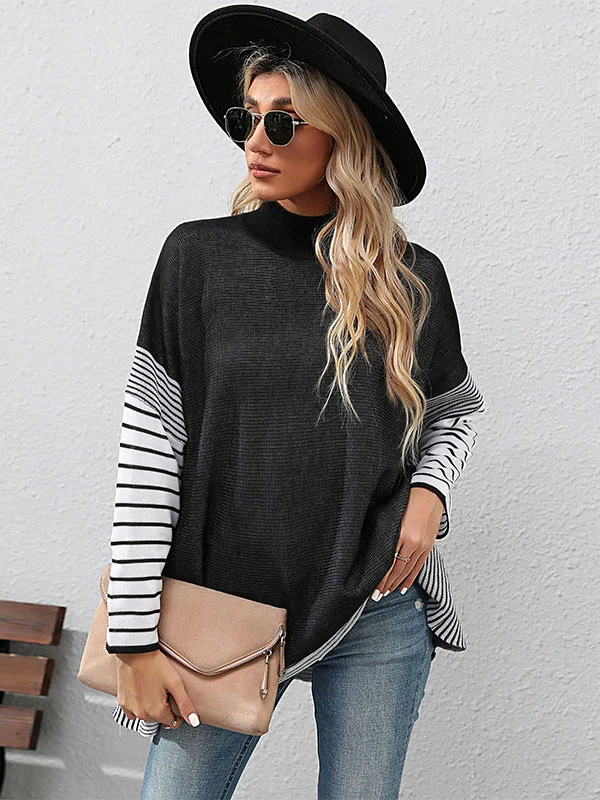 Women Pullover Sweater Black Stripes High Collar Long Sleeves Sweaters - Image 3