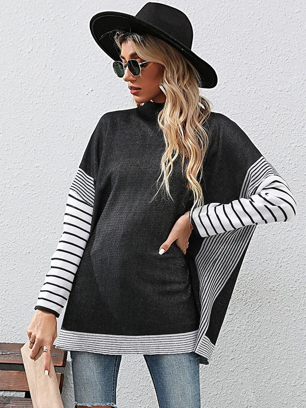 Women Pullover Sweater Black Stripes High Collar Long Sleeves Sweaters - Image 4