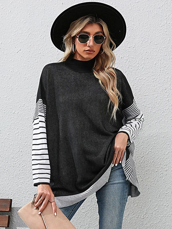 Women Pullover Sweater Black Stripes High Collar Long Sleeves Sweaters - Image 5