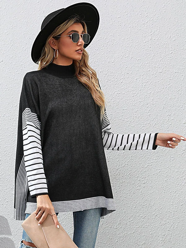 Women Pullover Sweater Black Stripes High Collar Long Sleeves Sweaters - Image 6