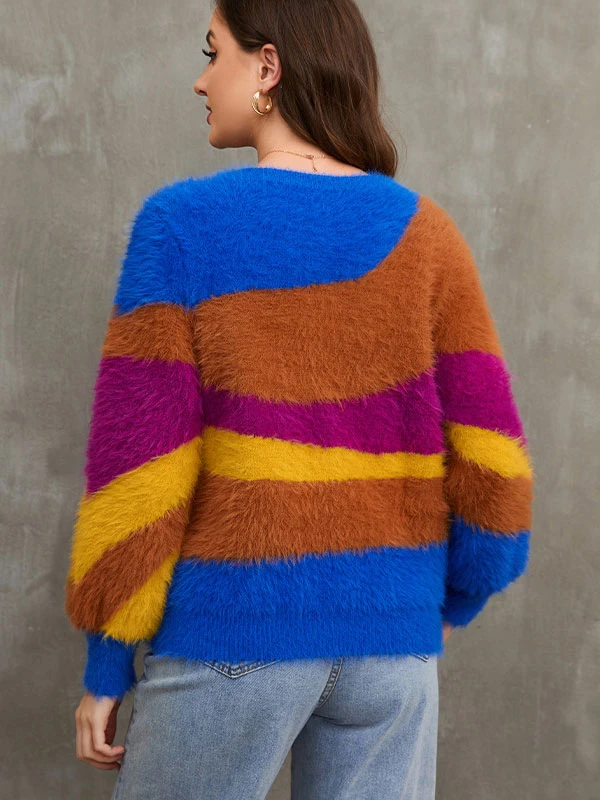 Women Pullover Sweater Blue Color Block Jewel Neck Long Sleeves Sweaters - Image 2