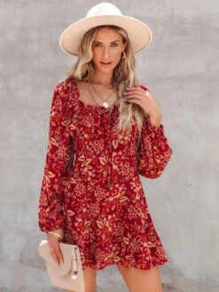 Birthday Mini Dresses Red Floral Print Long Sleeves Lace Up Short Dress