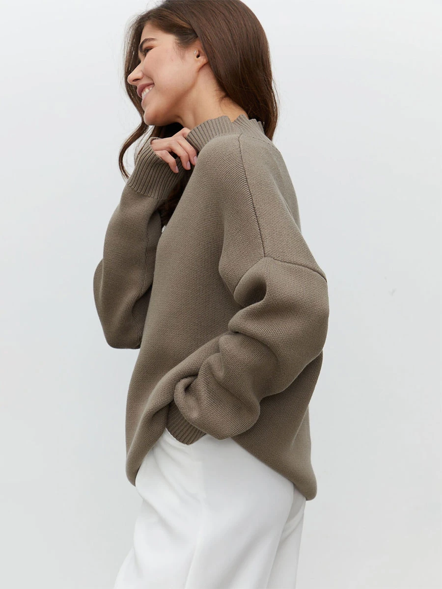 Women Pullover Sweater Green High Collar Long Sleeves Sweaters - Image 4