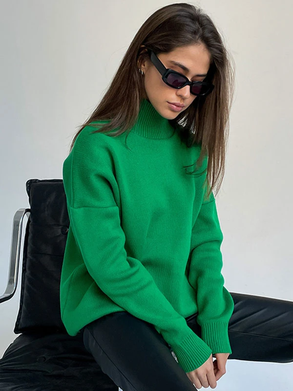 Women Pullover Sweater Green High Collar Long Sleeves Sweaters - Image 7