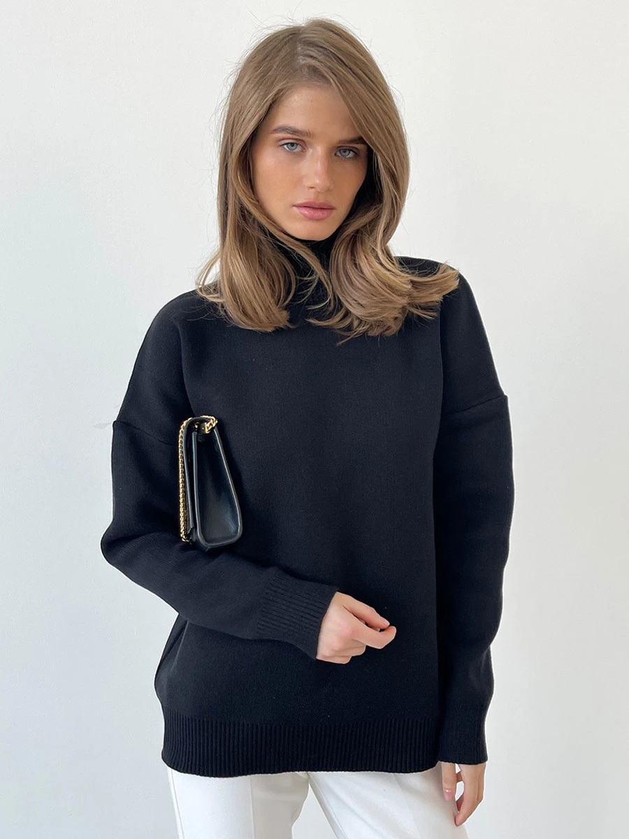 Women Pullover Sweater Green High Collar Long Sleeves Sweaters - Image 2