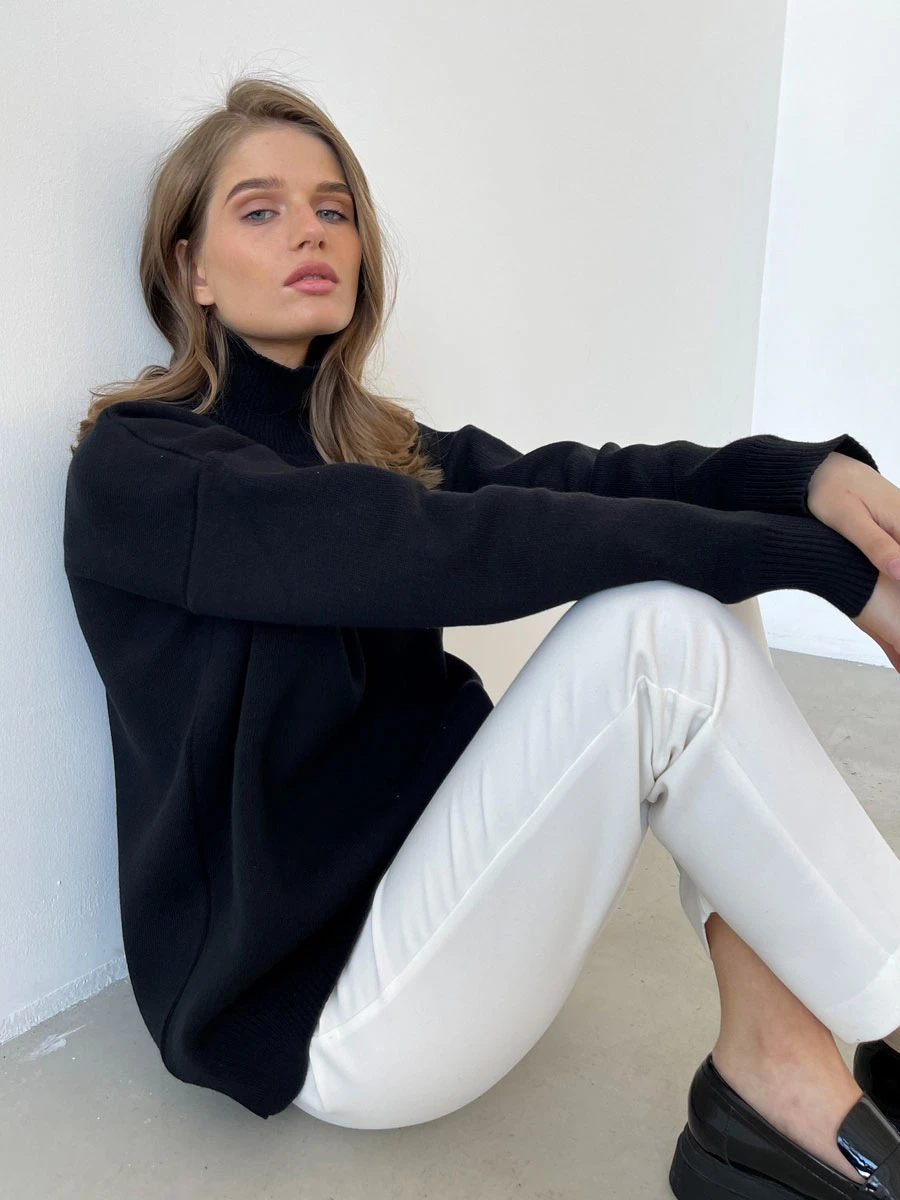 Women Pullover Sweater Green High Collar Long Sleeves Sweaters