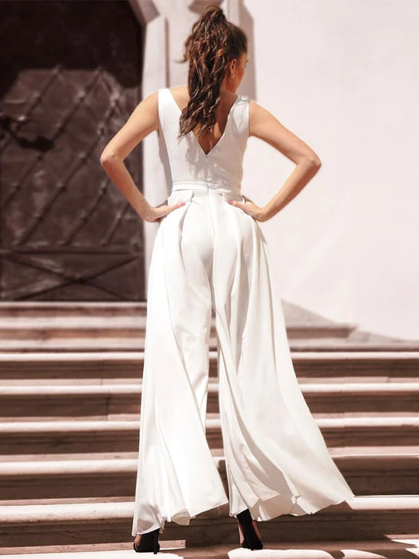 Ivory Bridal Jumpsuit Floor-Length A-Line V-Neck Sleeveless Wedding Jumpsuit Free Customization - Image 4
