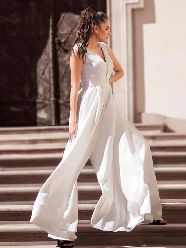 Ivory Bridal Jumpsuit Floor-Length A-Line V-Neck Sleeveless Wedding Jumpsuit Free Customization - Image 3