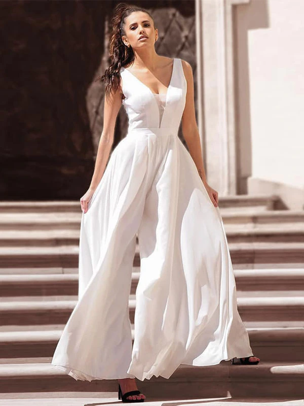 Ivory Bridal Jumpsuit Floor-Length A-Line V-Neck Sleeveless Wedding Jumpsuit Free Customization - Image 2