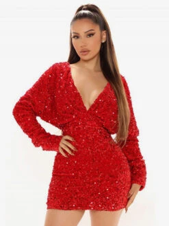 Birthday Bodycon Dresses Black Long Sleeves Sequins Sexy V-Neck Midi Dress Sheath Dress