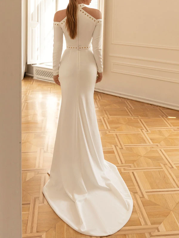 Vintage Wedding Dress With Train High Collar Long Sleeves Sash Stretch Crepe Bridal Dress - Image 3