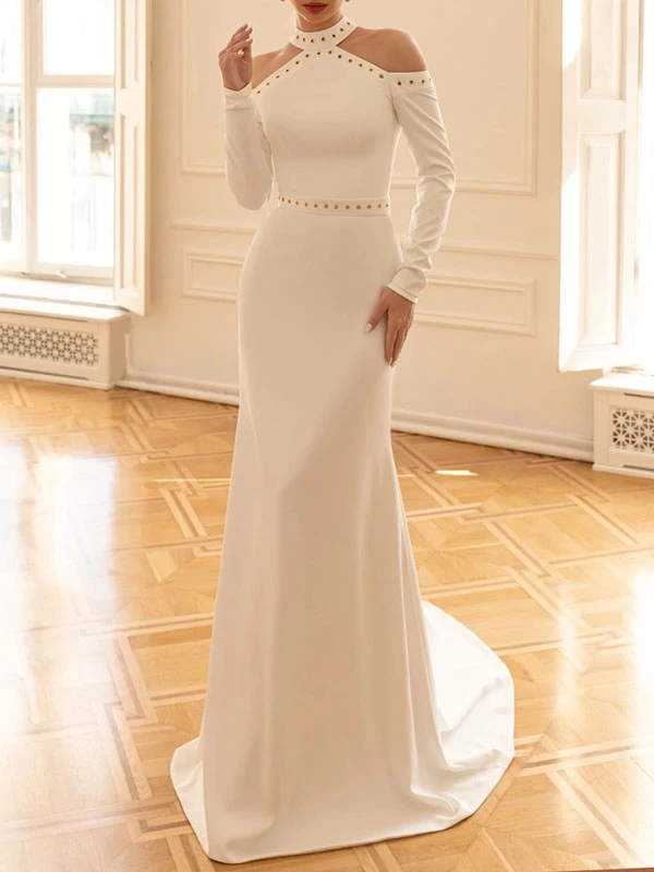 Vintage Wedding Dress With Train High Collar Long Sleeves Sash Stretch Crepe Bridal Dress