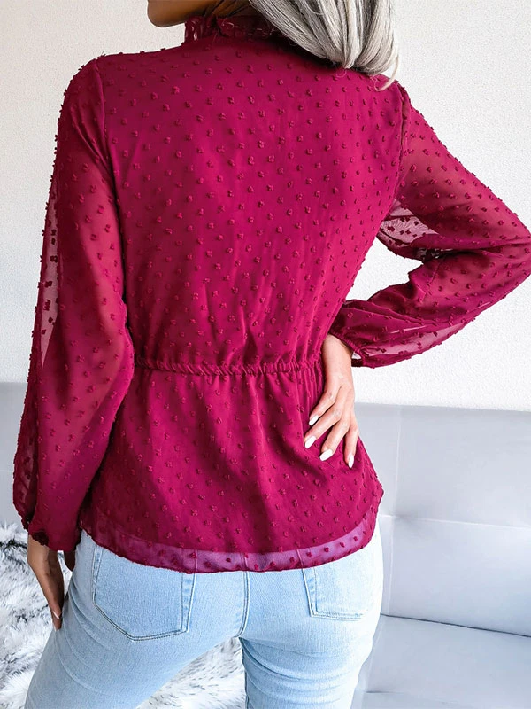 Blouse For Women Pink Lace Up V-Neck Sexy Long Sleeves Chiffon Tops - Image 9