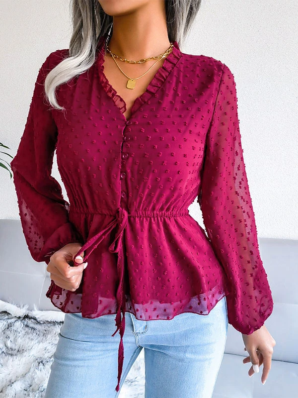 Blouse For Women Pink Lace Up V-Neck Sexy Long Sleeves Chiffon Tops - Image 8