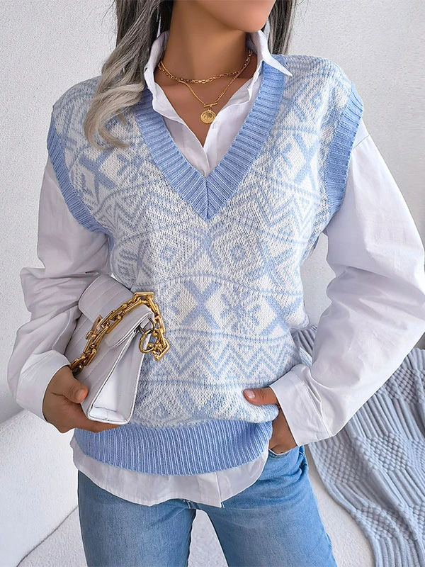 Pullovers For Women Burgundy Two-Tone V-Neck Sleeveless Acrylic Sweaters - Image 8