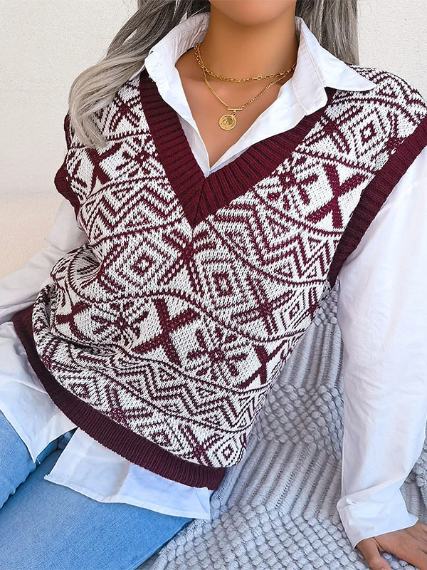 Pullovers For Women Burgundy Two-Tone V-Neck Sleeveless Acrylic Sweaters