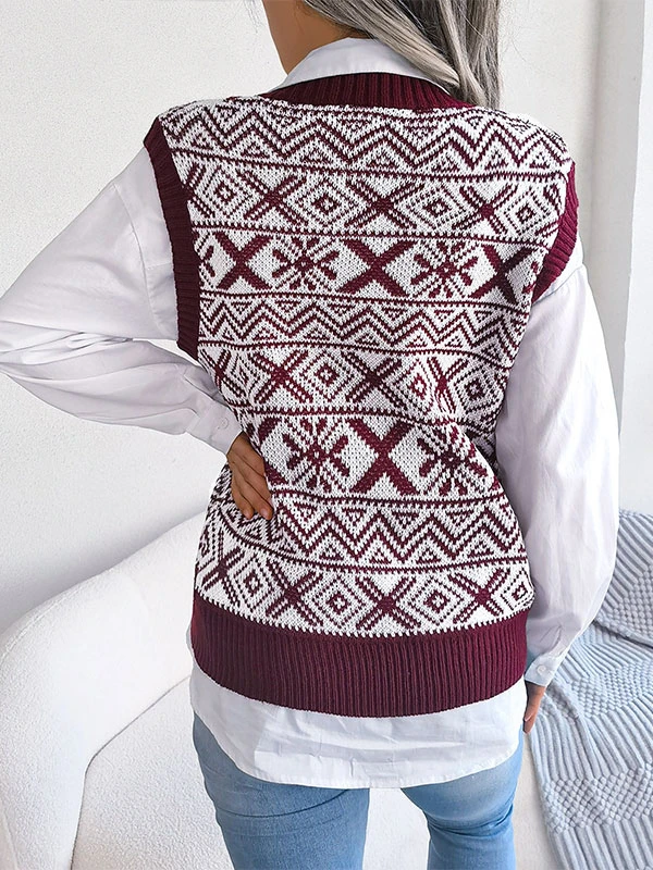 Pullovers For Women Burgundy Two-Tone V-Neck Sleeveless Acrylic Sweaters - Image 2