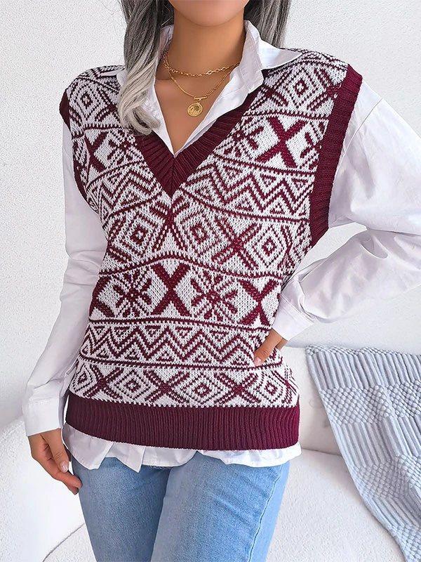Pullovers For Women Burgundy Two-Tone V-Neck Sleeveless Acrylic Sweaters - Image 3