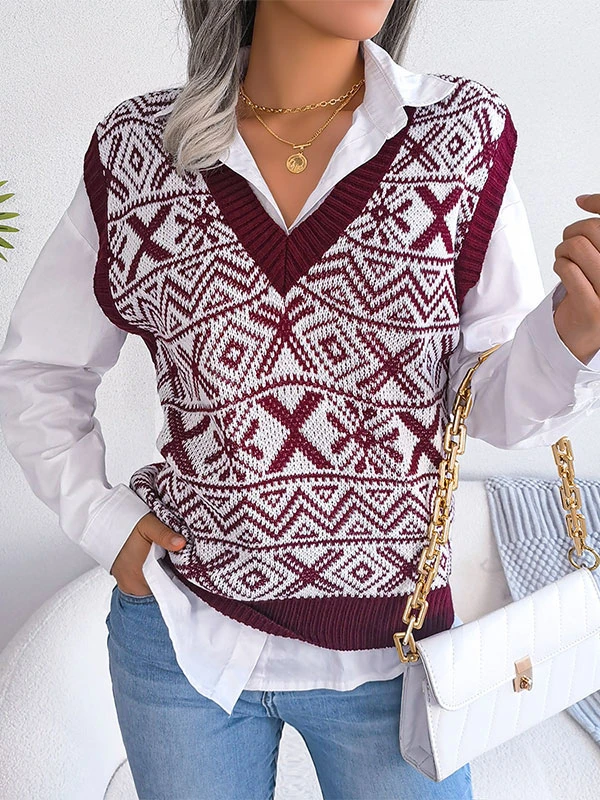 Pullovers For Women Burgundy Two-Tone V-Neck Sleeveless Acrylic Sweaters - Image 4