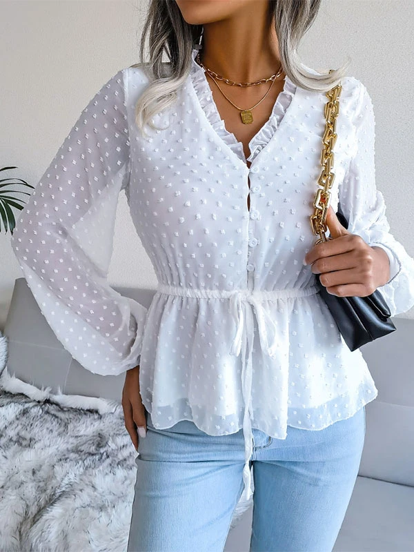 Blouse For Women Pink Lace Up V-Neck Sexy Long Sleeves Chiffon Tops - Image 5