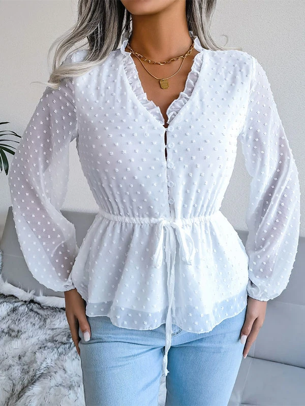 Blouse For Women Pink Lace Up V-Neck Sexy Long Sleeves Chiffon Tops - Image 6
