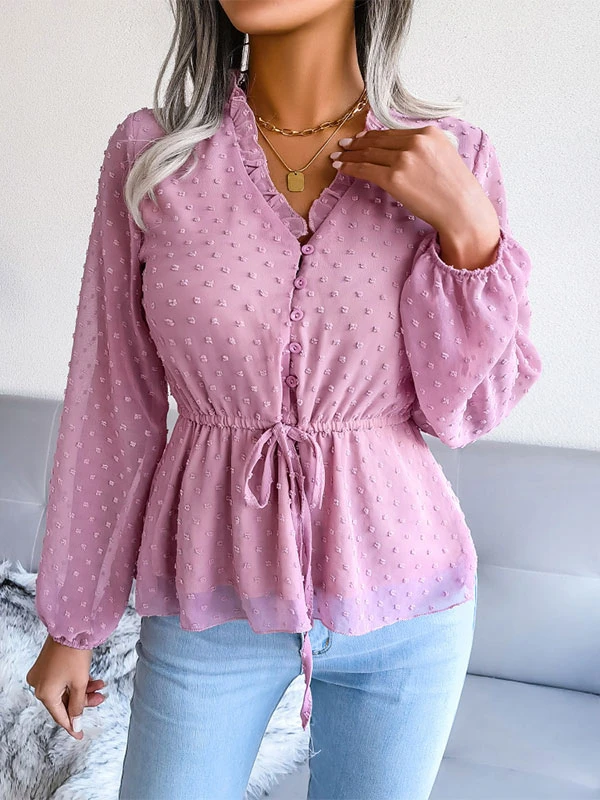 Blouse For Women Pink Lace Up V-Neck Sexy Long Sleeves Chiffon Tops