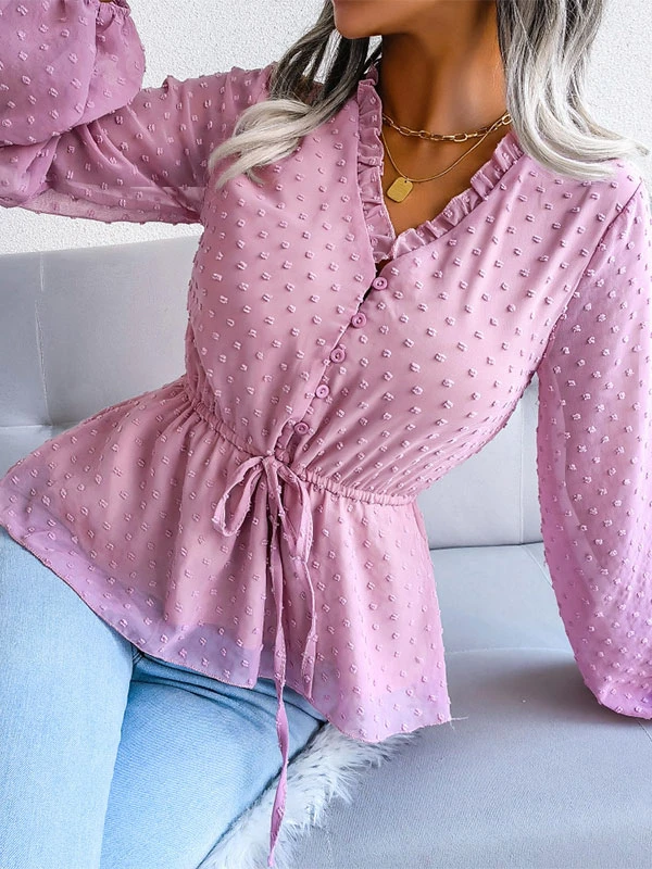 Blouse For Women Pink Lace Up V-Neck Sexy Long Sleeves Chiffon Tops - Image 4