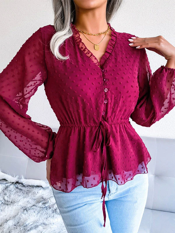 Blouse For Women Pink Lace Up V-Neck Sexy Long Sleeves Chiffon Tops - Image 7
