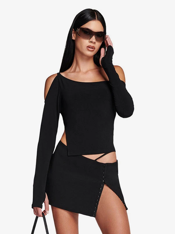 Long Sleeves Tees White Asymmetrical Neck Women Tee - Image 9