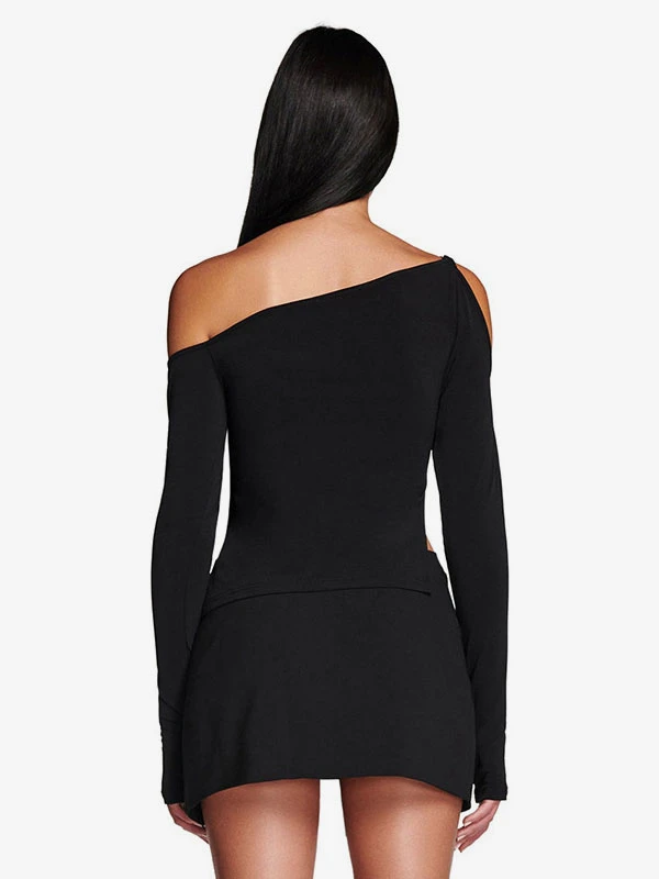 Long Sleeves Tees White Asymmetrical Neck Women Tee - Image 8