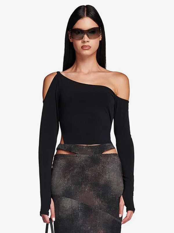 Long Sleeves Tees White Asymmetrical Neck Women Tee - Image 7