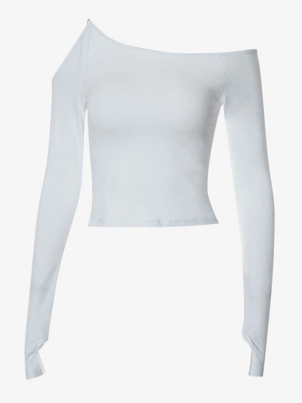 Long Sleeves Tees White Asymmetrical Neck Women Tee - Image 6
