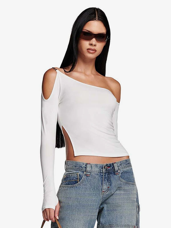 Long Sleeves Tees White Asymmetrical Neck Women Tee - Image 5