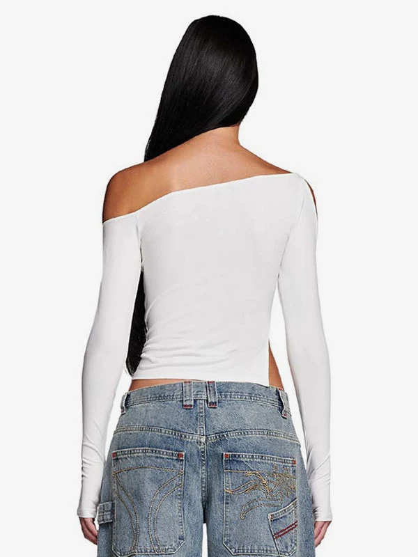 Long Sleeves Tees White Asymmetrical Neck Women Tee - Image 2