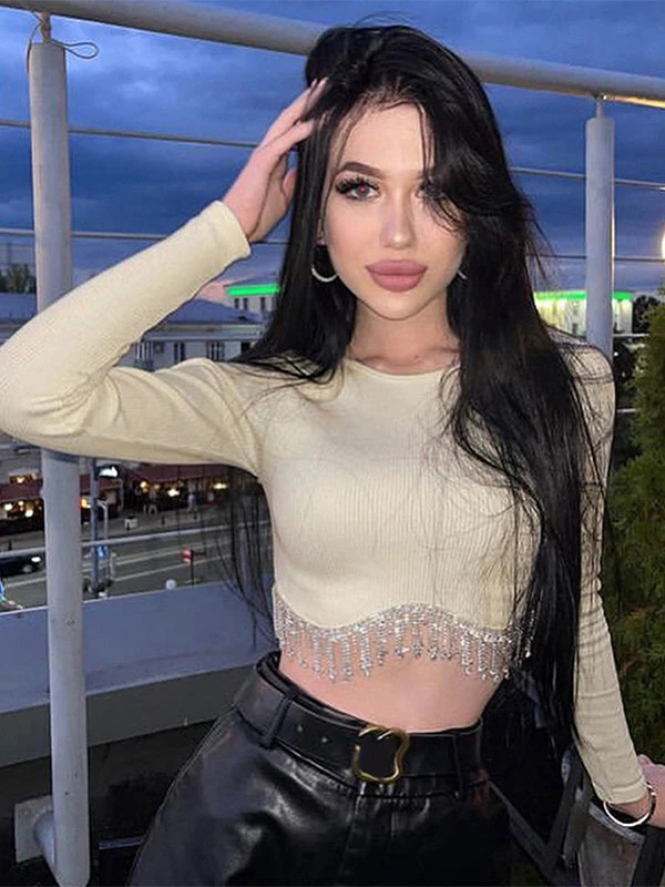 Women Crop Top White Casual Long Sleeves Tops - Image 2