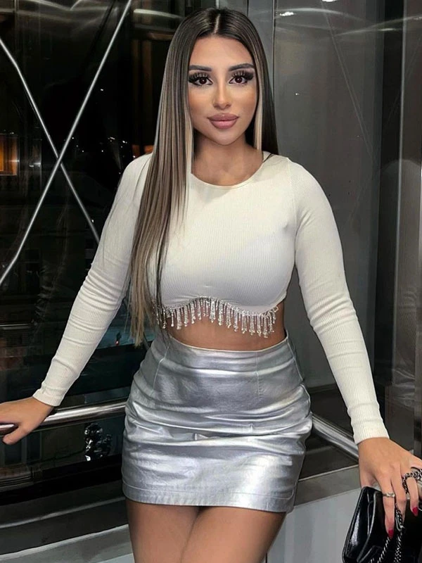 Women Crop Top White Casual Long Sleeves Tops - Image 4