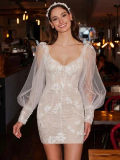 Short Wedding Dresses V-Neck Long Sleeves Sheath Short Bridal Dresses Free Customization