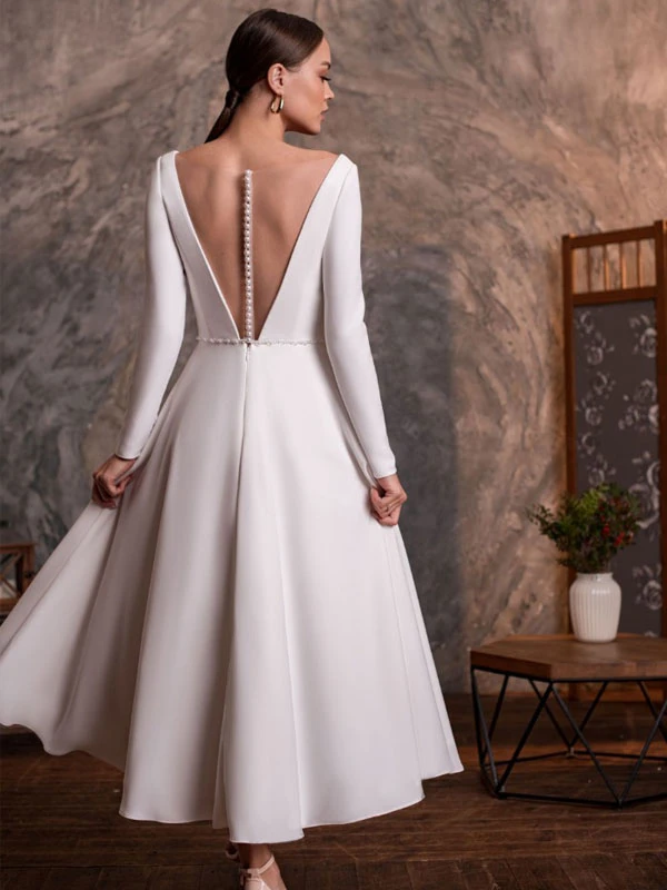Short Wedding Dress 2023 V-Neck Long Sleeves A-Line Ankle-Length Bridal Dresses Free Customization - Image 2