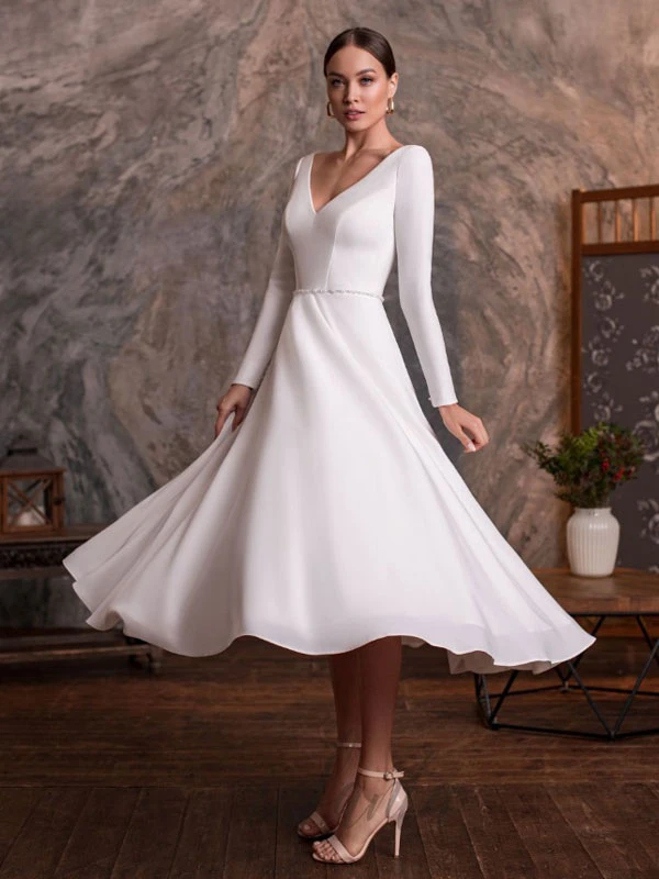 Short Wedding Dress 2023 V-Neck Long Sleeves A-Line Ankle-Length Bridal Dresses Free Customization