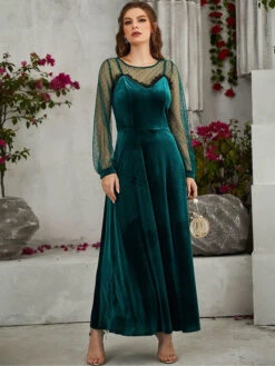 Women's Clothing Maxi Dresses Dresses Velvet Dress Dark Green Long Sleeves Lace Tulle Jewel Neck