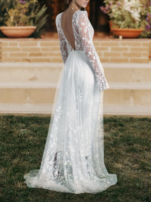 Ivory Bridal Jumpsuit 2023 Lace With Train A-Line V-Neck Long Sleeves Wedding Jumpsuit - Image 2