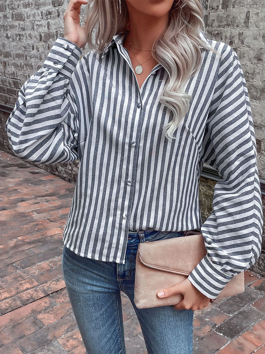 Blouse For Women Gray Stripes Turndown Collar Casual Long Sleeves Tops - Image 6