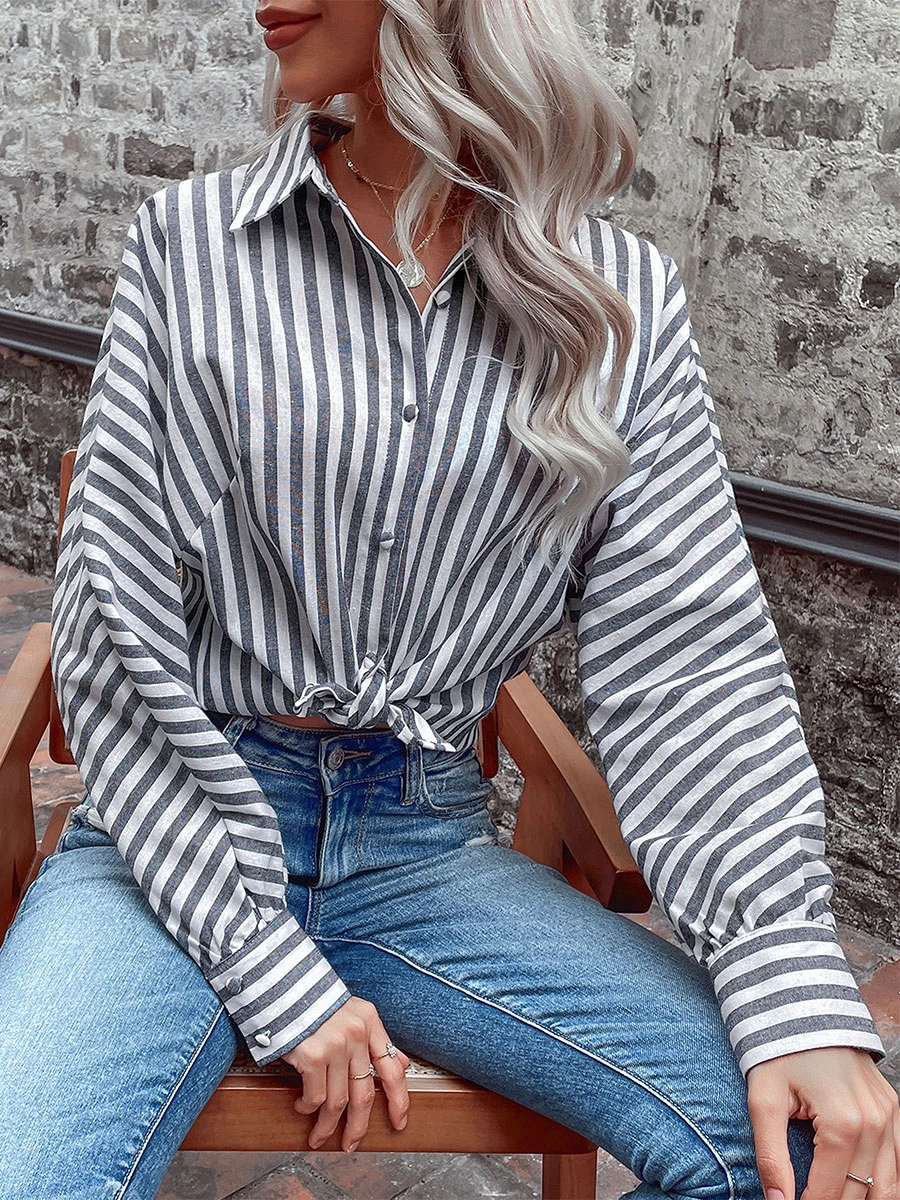 Blouse For Women Gray Stripes Turndown Collar Casual Long Sleeves Tops - Image 4