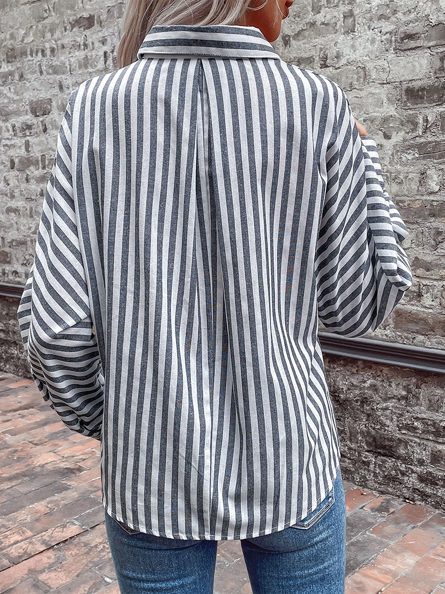Blouse For Women Gray Stripes Turndown Collar Casual Long Sleeves Tops - Image 2