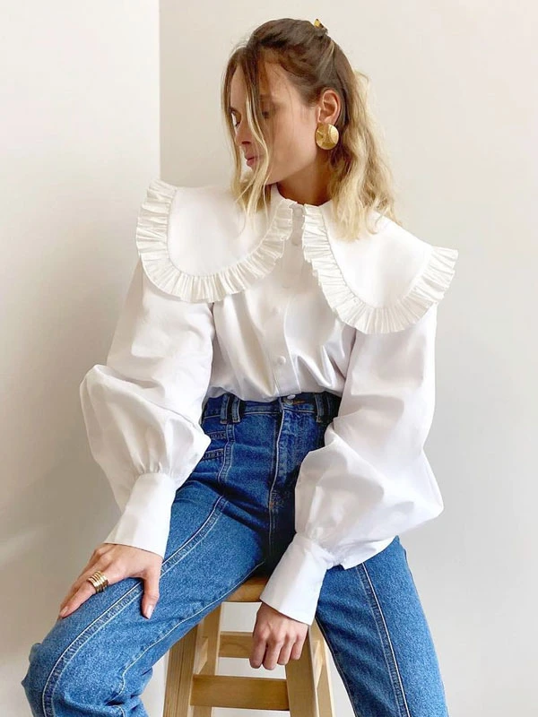 Blouse For Women White Peter Pan Collar Casual Long Sleeves Tops - Image 3