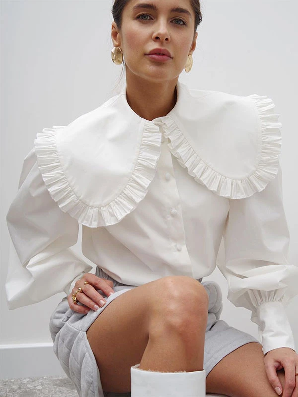 Blouse For Women White Peter Pan Collar Casual Long Sleeves Tops