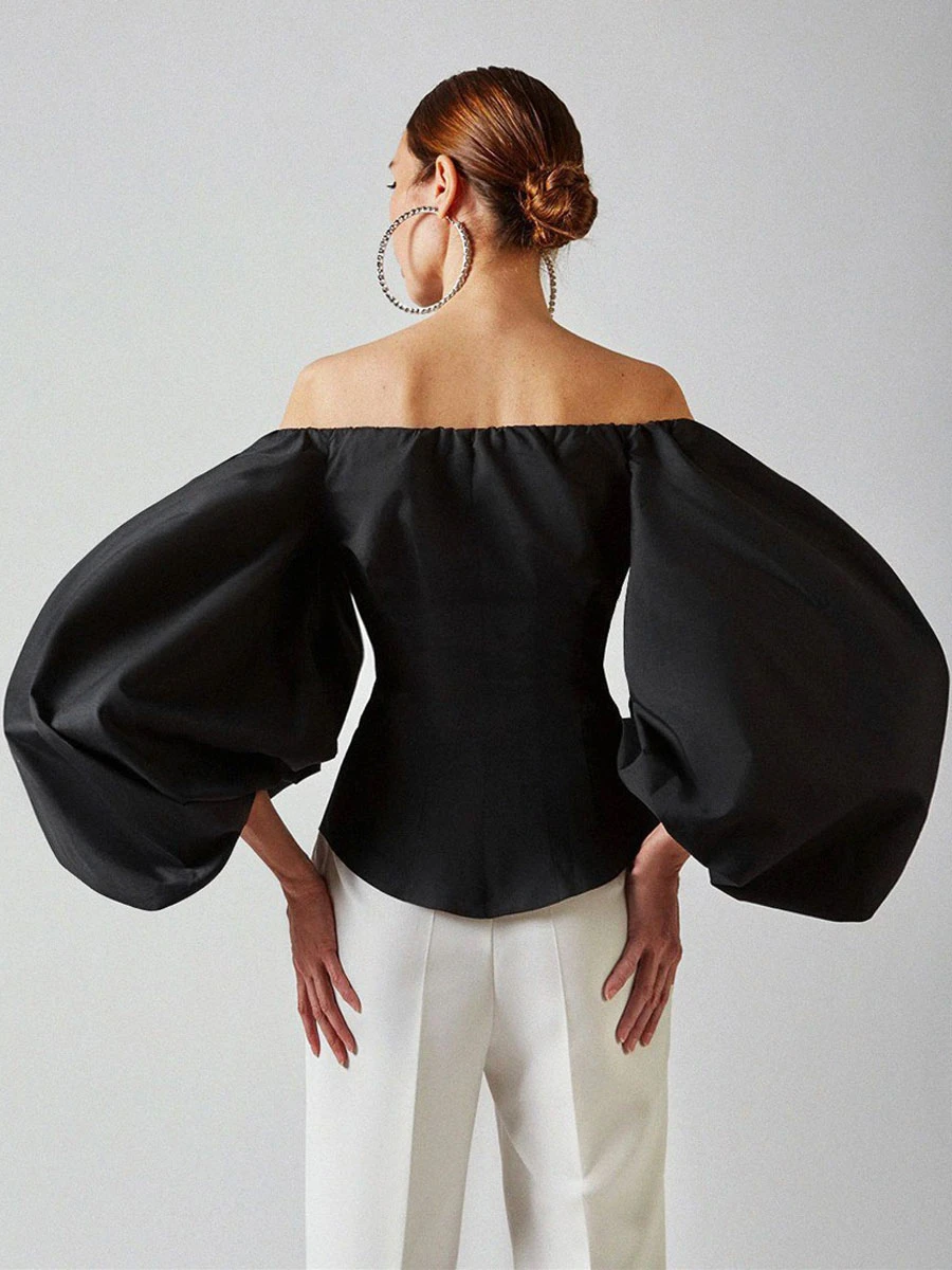 Blouse For Women Black Bateau Neck Casual Long Sleeves Tops - Image 8