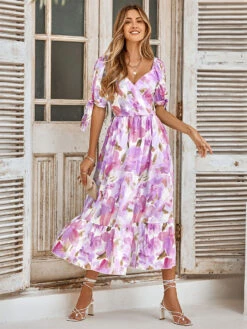 Floral Dress V-Neck Short Sleeves Casual Printed Midi Dress