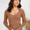 Pullovers For Women Coffee Brown V-Neck Long Sleeves Stretch Polyester Sweaters